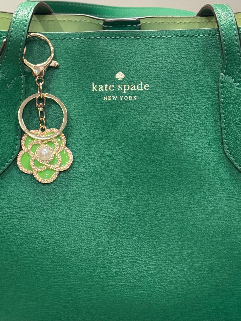 Kate Spade NY Bleeker Green Medium Tote Saffiano Leather/Strap & Floral Charm - Picture 2 of 9